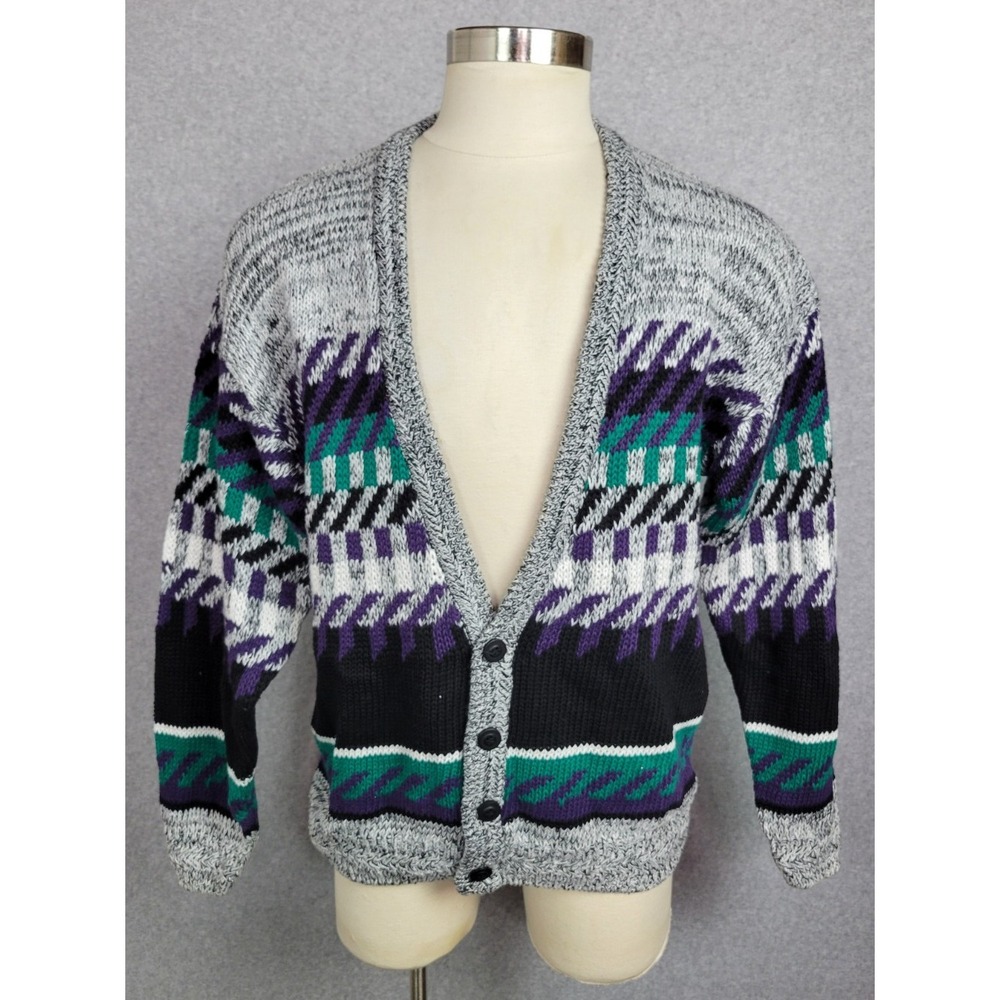 Vtg NWT Etchings Mens Cardigan Sweater Purple Teal Abstract Geometric Ramie L‎